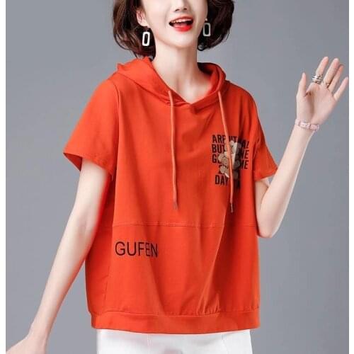 100% Cotton Hoodie O Neck T Shirt Woman 2021 Loose Korean Style Plus Size Women Shirts Summer Short Sleeve Shirt Woman T-shirt