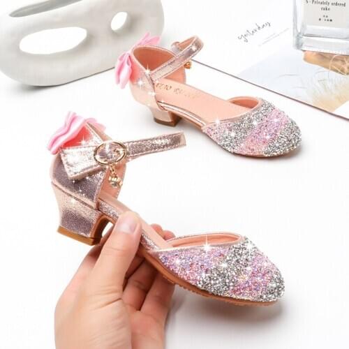 Girls High-Heeled Princess Shoes Crystal Hollow Childrens Sandals Sequined Striped Primary School Single Shoes Women