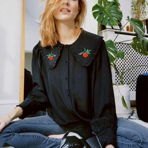 Ruffles Blouses Femme Floral Embroidery Long Sleeve Patchwork Black Shitrs Button Vintage Retro Chic Blouse Chemise Hauts