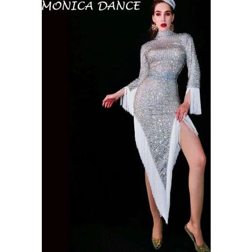 Women Sexy Stage Sparkly Silver Rhinestones Fringes Dress Prom Lady Singer Host Models Catwalk Crystal Tassel Dress Stage Dress