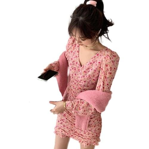 Womens Floral Dress Summer Vacation Ruffle Dress Womens Dress Pink Close Fitting Dress Young Womens Dress