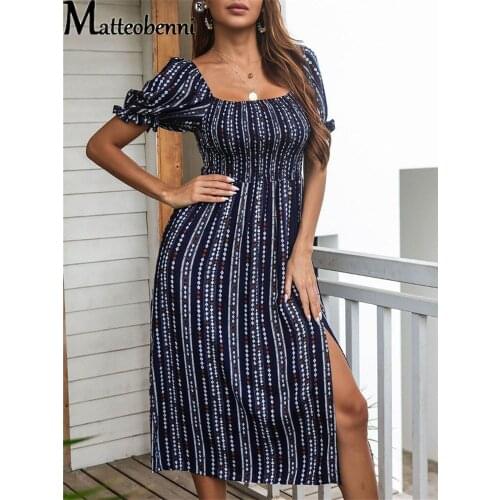 Elegant Backless Print Split Fork Long Dress Women Bubble Sleeve Elasticity High Waist Dress 2021 Summer Boho Casual Dresses