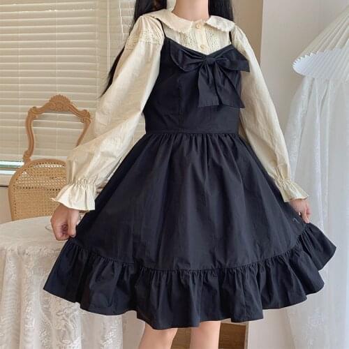 Black Dress Female Autumn Japanese Sweet Bow High Student Ruffled Sling Full Body Dress Kawaii Clothing Sweet Lolita Dress