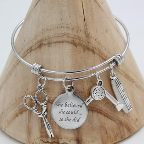 10PCS Stainless Steel Bracelets Adjustable Wire Hair Stylist Bangle Comb Hair Dryer Scissors Bracelet for women jewelry gifts