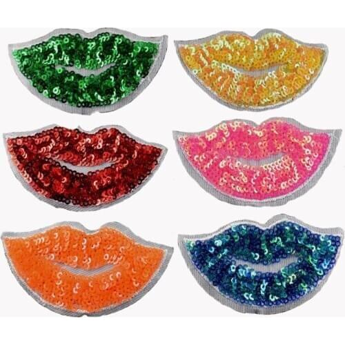 2Pcs Lip mouth patches Applique Heat Transfers Iron On Sew Glittering Sequins For Clothing Embroidered 4.4 x 9.0cm