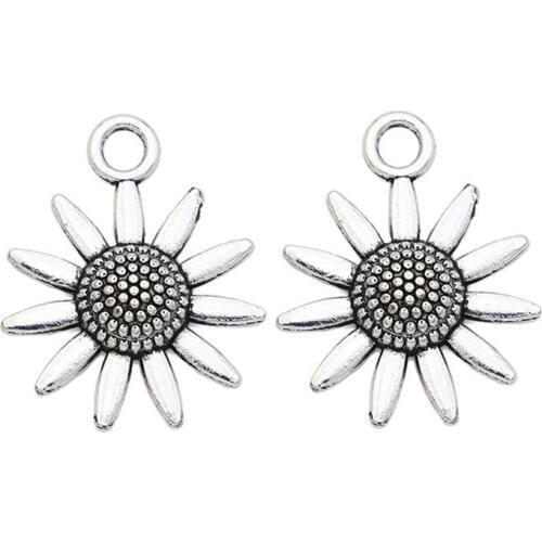 20pcs Vintage Antique Silver Plated Sunflower Charms Beads Pendants for Jewelry Making DIY Handmade 23x19mm