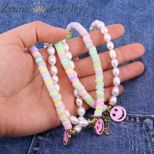 5PCS, Smiley Face necklace, Happy face necklace, colorful Polymer Clay beaded choker, pearl choker necklace, beaded necklace