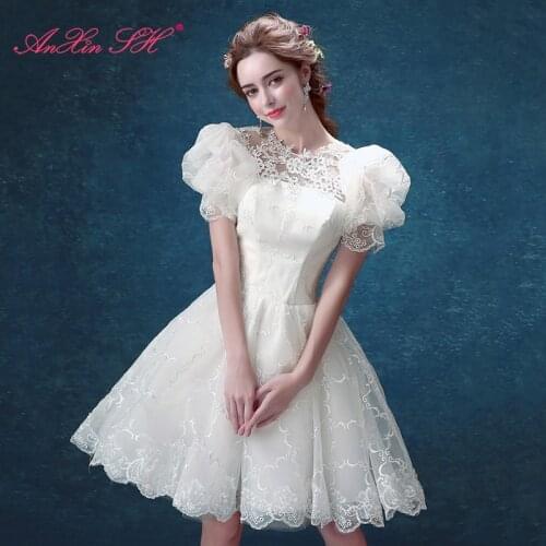 AXJFU White bubble sleeve short luxury beach evening Dresses Princess lace flower Dresses dinner little white dress 1566 S