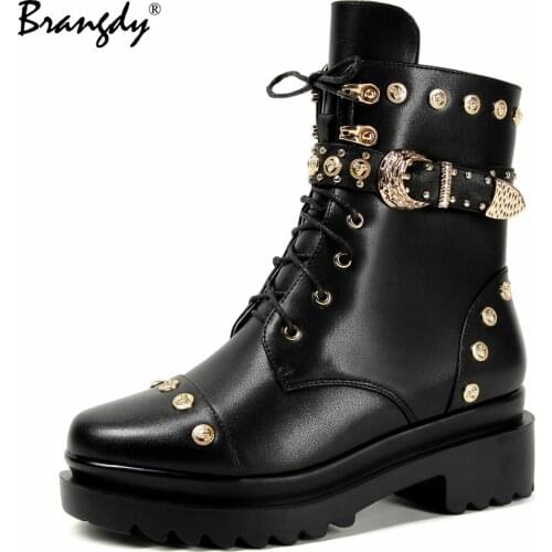 Brangdy Fashion Rivet Women Martin Boots Metal Buckle Punk Genuine Leather Womens Goth Shoes Ankle Classical Lace Up Size 34-39