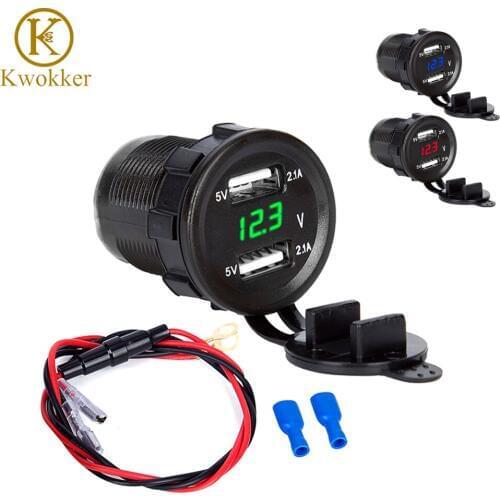Quick Charging Car Dual USB Charger LED Power Outlet USB Socket Port + Fuse Wiring + Voltmeter 5V 2.1/2.1A with Waterproof Cover