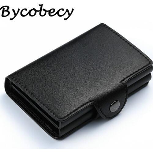 Bycobecy PU Leather Cardholder Aluminum Double Boxes Credit Card Holder Anti-theft RFID ID Card Case Business New Short Purse