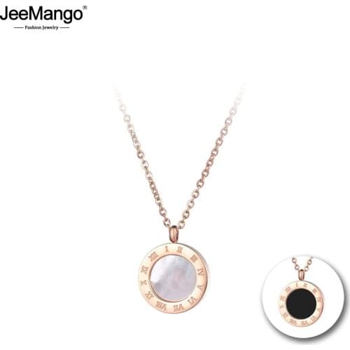 JeeMango Classic Roman Numerals Black White Shell Chains Necklaces Jewelry Titanium Steel Chokers Necklace For Women JN18019