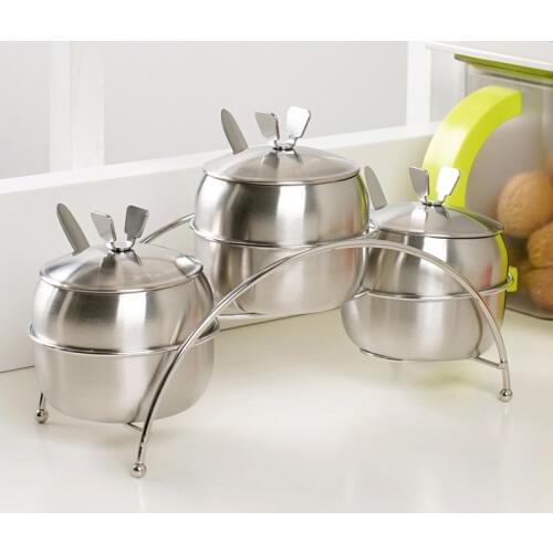 7Pcs/Set Kitchen Supplies Apple Shape Stainless Steel Condiment Pot&Spice Container Salt Sugar Bowl Serving Jars Pots Spoons