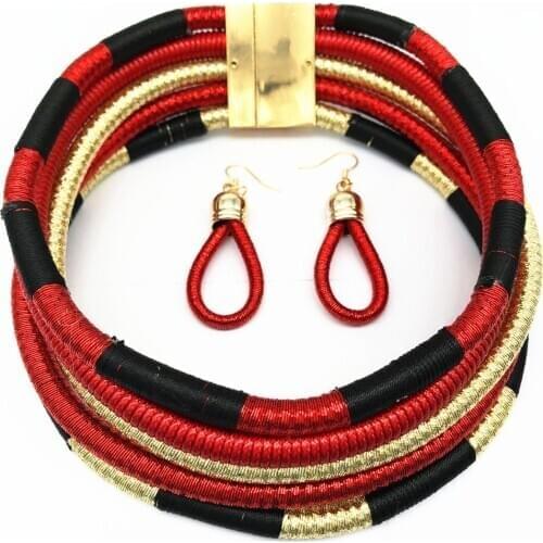 Liffly Ethiopian African Jewelry Set Necklace Earrings Multi-layer Woven Women Choker Necklace Bridal Wedding Party Jewelry