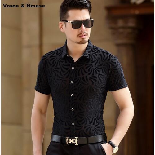 Korean style fashion slim relief print boutique short sleeve shirt Summer new arrival pleuche hollow breathable men shirt M-XXXL