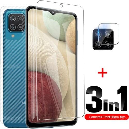 For Samsung Galaxy A12 M12 Soft Back Carbon Fiber Film + Tempered Glass For Svmsung A 12 Front Screen Protector With Lens Film