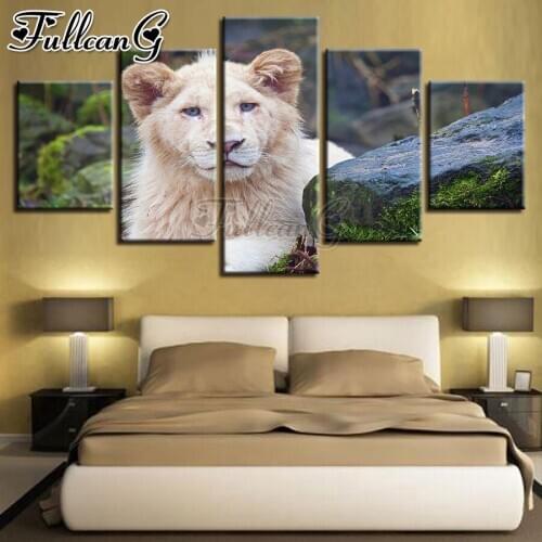 FULLCANG Beige lion animals 5 piece diy diamond painting full square round drill mosaic embroidery sale home decoration FC2939