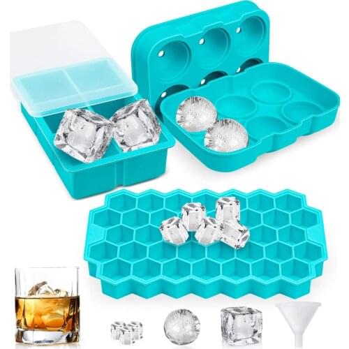 3 Pieces Silicone Ice Tray Mold Set Spherical Square Honeycomb BPA Free DIY Ice Cube Maker for Whiskey Cocktail Kitchen Tools