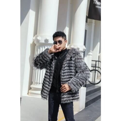 New striped silver fox fur coat fashion jacket with hood spring autumn Free shipping