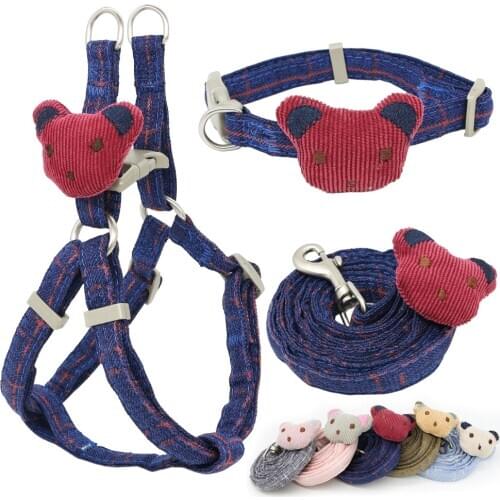 Soft Dog Harness Leash Collar Set Adjustable Cartoons Bear Dog Harness for Small Medium Pets Cat Collar Leash Outdoor Walking