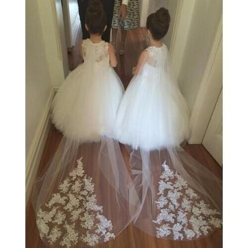 Flower Girls Dresses For Weddings Lace Illusion White Jewel Neck Removable Train Party Birthday Dress Children Girl Pageant Gown