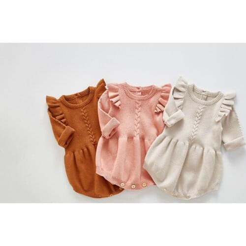 Baby Girls Knitted Bodysuit 2021 Spring Infant Newborn Long Sleeve Solid Ruffled Jumpsuit Outfit Set Baby Spring Autumn Clothing
