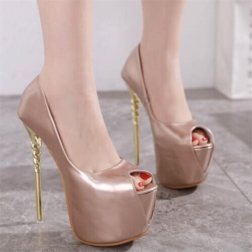 Ultra High Metal Heels 16cm Women Pumps Peep Toe Patent Leather Shallow Shoes Sexy Platform Woman Party Shoes 2021 Tacones Mujer