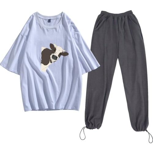 Vintage Cow Shirt Cotton Half Sleeve Oversized Tees 90s Aesthetic Casual Loose Sweatpants Harajuku Trousers Women Bottoms Pants