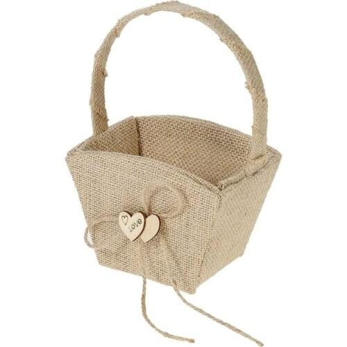 Vintage Rustic Wedding Burlap Flower Girl Basket with Wooden Heart Decoration Wedding Supplies