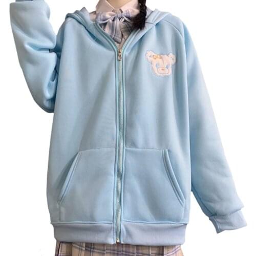 Japanese Bunny Ears Winter Clothes Women Hoody Sweatshirt Embroidered Bow Little Bear Korean Plus Velvet Zipper Coat Female