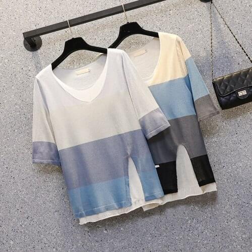 M-4XL plus size women Stripe Summer sweater pullover short sleeve v neck Patchwork Oversized female pullover kint jersey mujer