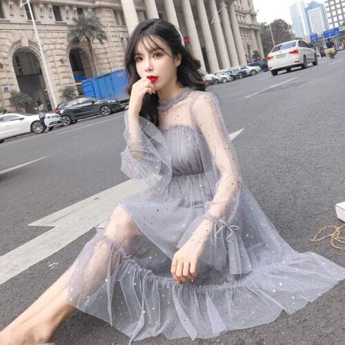 HISUMA Women Flare Sleeve Ruffles Dress Elegant Lady A-Line Bling Star Sequined Slim Mesh Gauze Voile Pullover Party Lace Dress