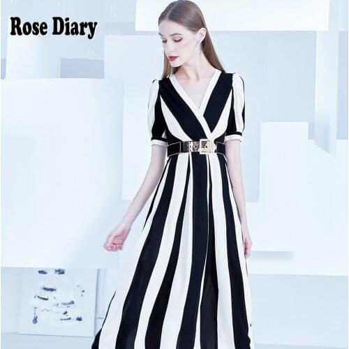RoseDiary HIGH QUALITY 2021 Newest Designer Striped Dress Womens Short Sleeve V-Neck Color Block Notched Collar Dress