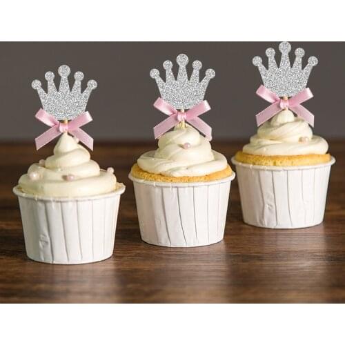 Custom Bow Color&Gold/Silver Black Glitter Crown Cupcake Toppers Picks Baby Shower Princess/Kids 1st Birthday Party Decorations