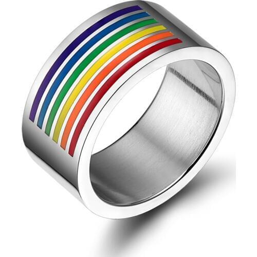 10mm Wide Rainbow Rings for Gay LGBT Lesbian Equality Wedding Bands Titanium Ring Jewelry Stainless Steel Women Mens Anillos