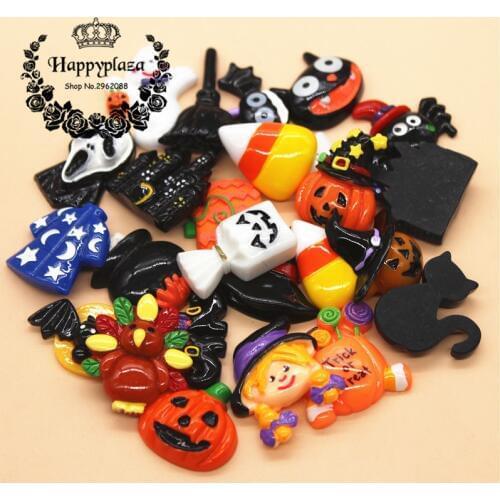 10pcs Resin Halloween Haunted House Pumpkin Witch Broom Flatback Cabochon Miniature Art Supply Decoration Charm Craft