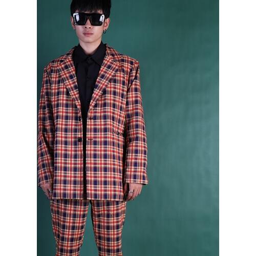 2020 New Retro Red Plaid Men Suits Loose Chinese Style Casual 2 Pcs Suit For Mens Spring And Summer Long Sleeve Blazers S-5xl