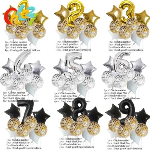 9pcs Gold silver confetti latex balloon black Number balloons 18 inch Star Helium Foil Balloons Party decoration Baby shower
