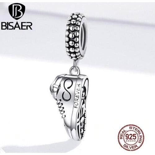 BISAER Lucky Number 8 Shoes Charms 925 Sterling Silver Enamel Beads Making Pendants For Bracelets Necklace Jewelry DIY ECC1541