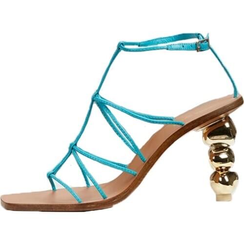 Gold Ball Heels Sandals Sky Blue Women Sexy Party High Strange Heels Shoes Woman Summer Weeding Gladiator Pumps Ladies