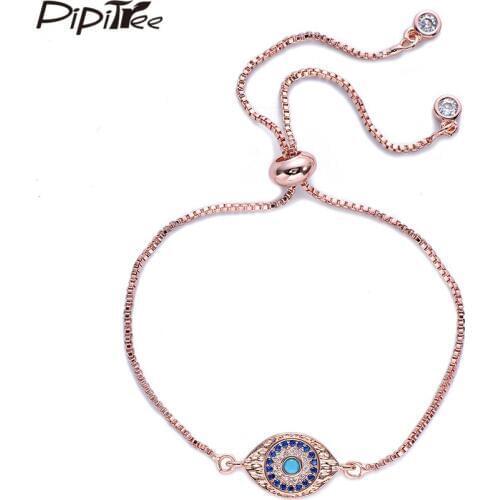 Pipitree Pitting Evil Eye Charm Bracelet Blue CZ Zircon Crystal Rose Gold Color Chain Men Women Bracelets Jewelry