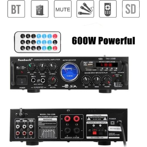 Bluetooth Digital HIFI Amplifier FM Radio Cara OK 2CH USB SD Power Stereo Karaoke Home Amplifiers Theater Connected MP3/DVD 110V