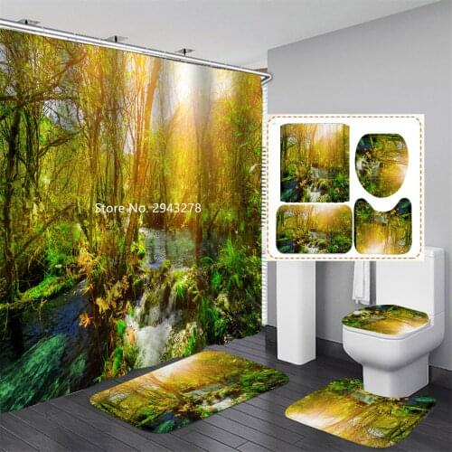 Color Sunflower Pattern Shower Curtain Floor Mat Toilet Mat Waterproof and Mildewproof Washable Bathroom Decoration with Hook