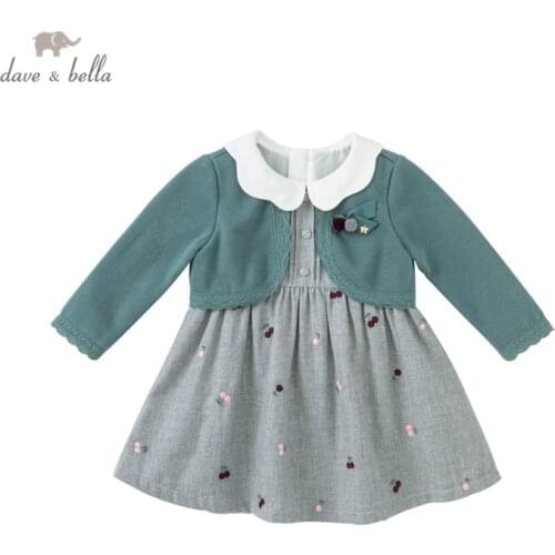 DBJ18865 dave bella autumn baby girls cute bow cartoon print dress children fashion party dress kids infant lolita clothes