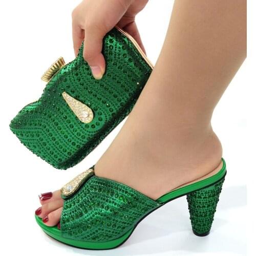 Elegant Green Women Shoes Match Purse With Crystal Decoration African Dress Pumps And Handbag Set CR126,Heel 9CM