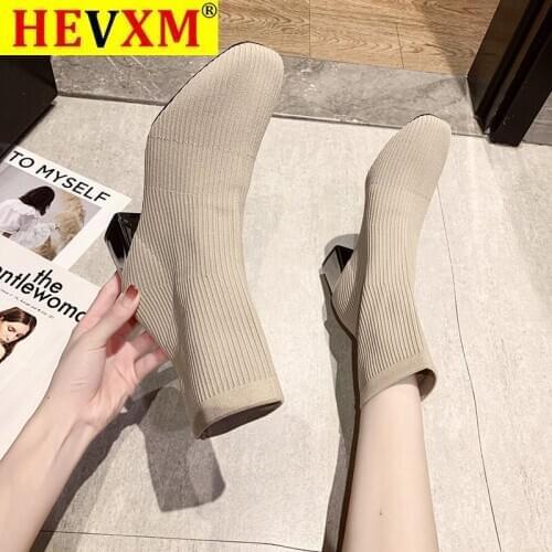 HEVXM 2020 Spring Autumn Sock Boot High Heel Pointed Toe Slip On Mid Calf Pumps Shoes Women Casual Heels Boots