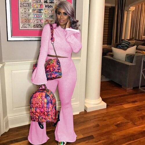2020 Streetwear Winter Tracksuit 2 Piece Pant Suits for Women Flare Sleeve Two Piece Set Top and Pants Bell-bottom Matching Sets