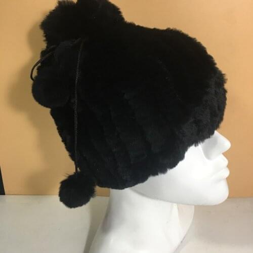 Magicfur - Knitted 100% Rex Rabbit Fur Black Hat Soft Warm Winter Hat Neck-warmer With Fur Pom Pom Ball