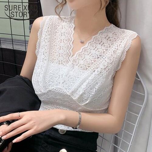 Sexy Lace Tank Top Women Sleeveless Tops 2021 New Hollow Out Fashion V-neck Clothes Korean Bottoming Vest Blusas Mujer 14917