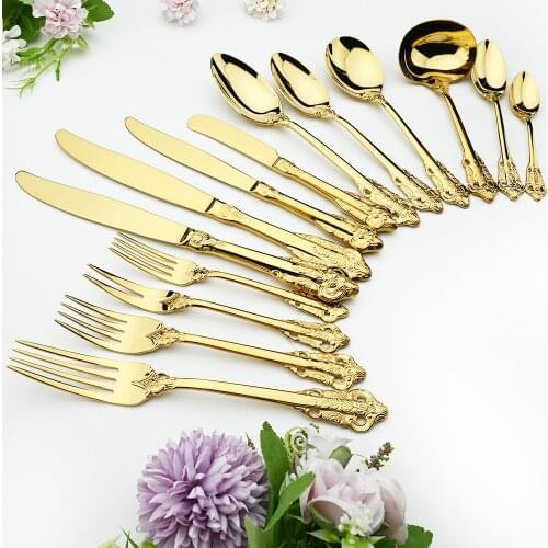 6pcs Gold Spoon Fork Knife Dinnerware Set 304 Stainless Steel Cutlery Set Tableware Mirror Dinner Kitchen Flatware Dropshipping